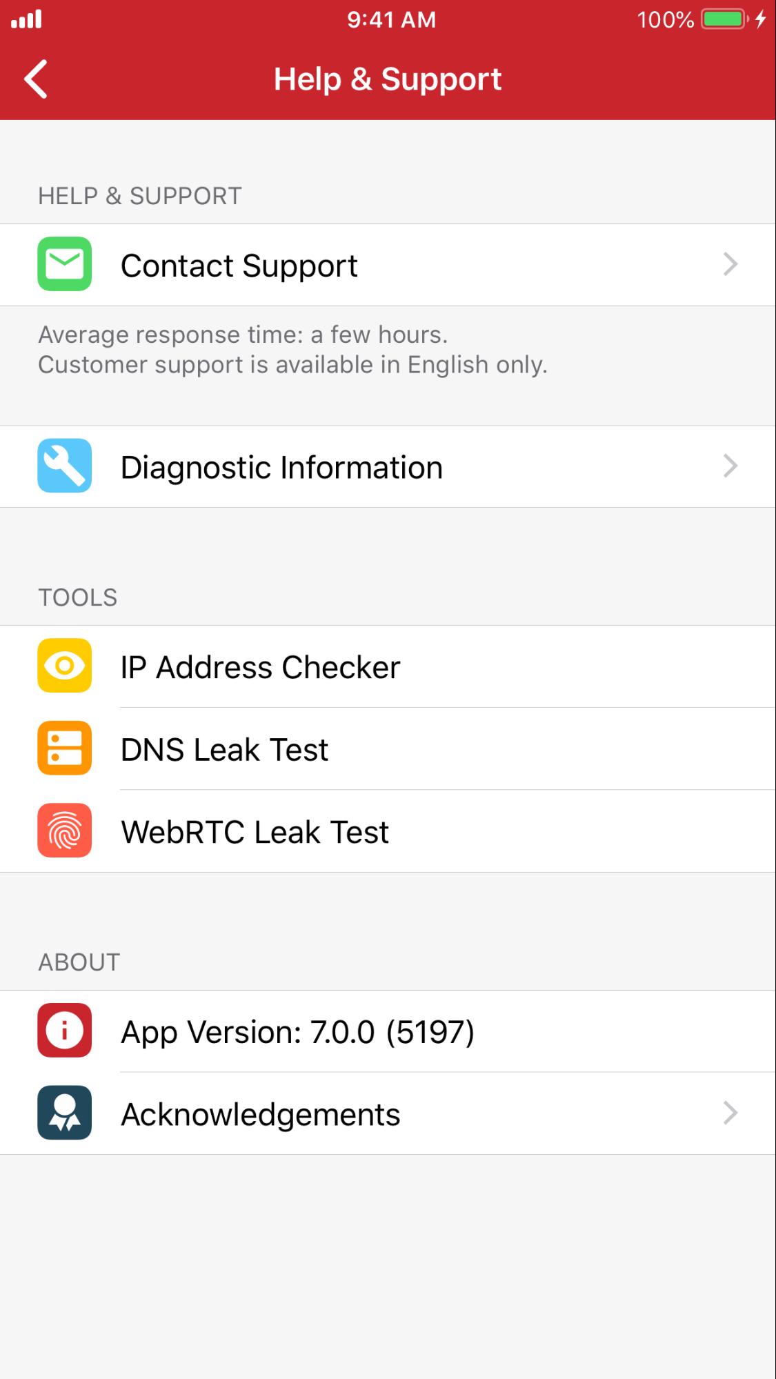 A screen shot of the Help & Support screen on ExpressVPN