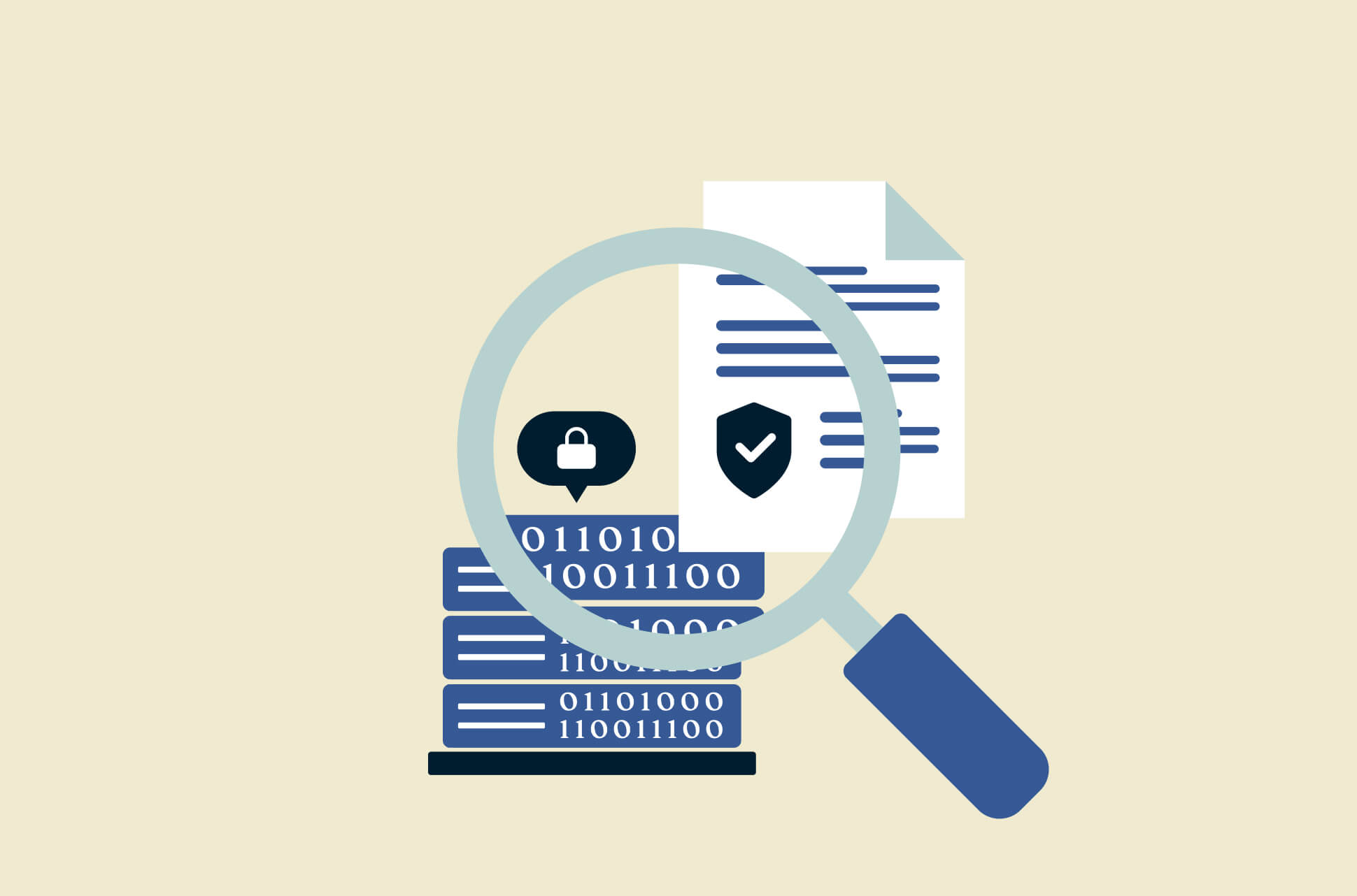 Magnifying glass on a server and document.