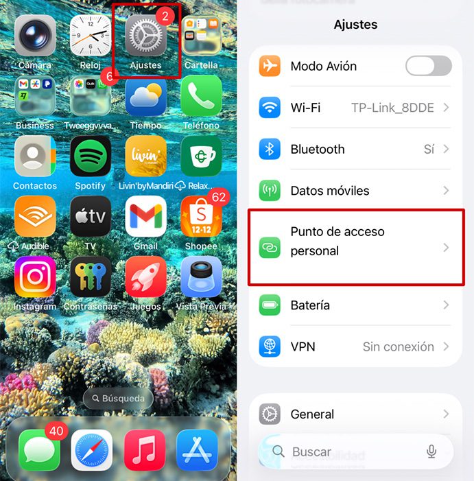 iPhone home screen showing Settings app and Personal Hotspot option in settings menu.