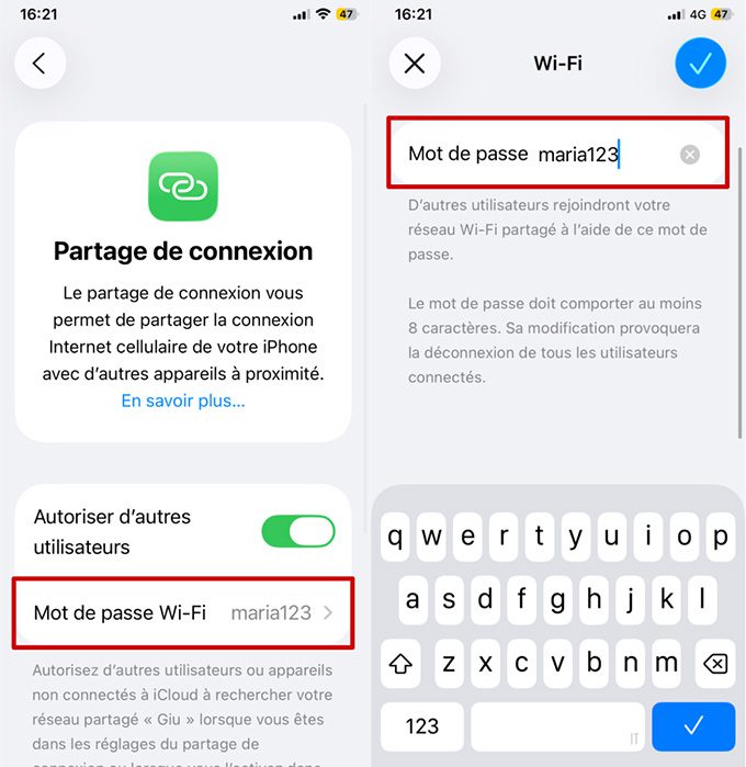 iPhone Personal Hotspot settings with Wi-Fi Password option highlighted and password input screen open.