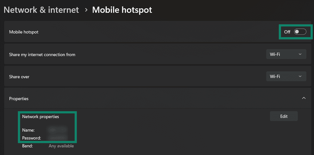 Enabling the Mobile hotspot on Windows.