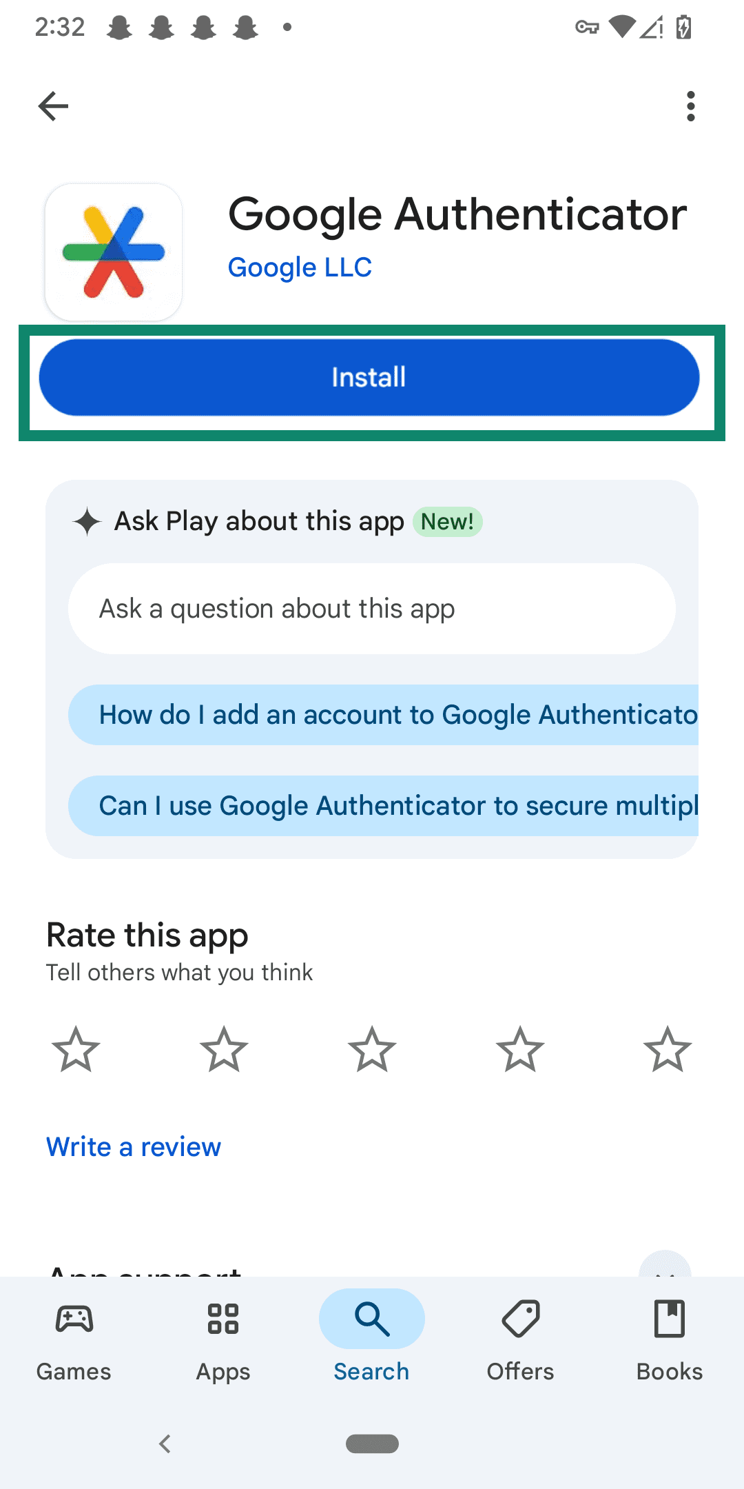 The page for Google Authenticator on the Google Play Store.