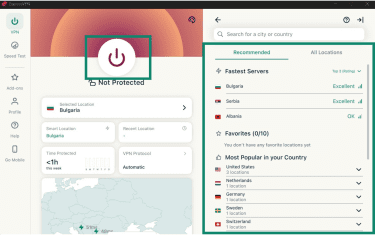 ExpressVPN's main screen on Windows, showing a list of servers and the Connect button.