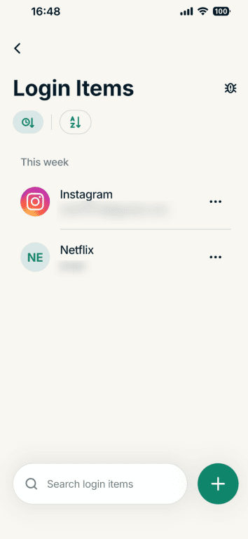 The Login Items list in ExpressKeys on iOS.