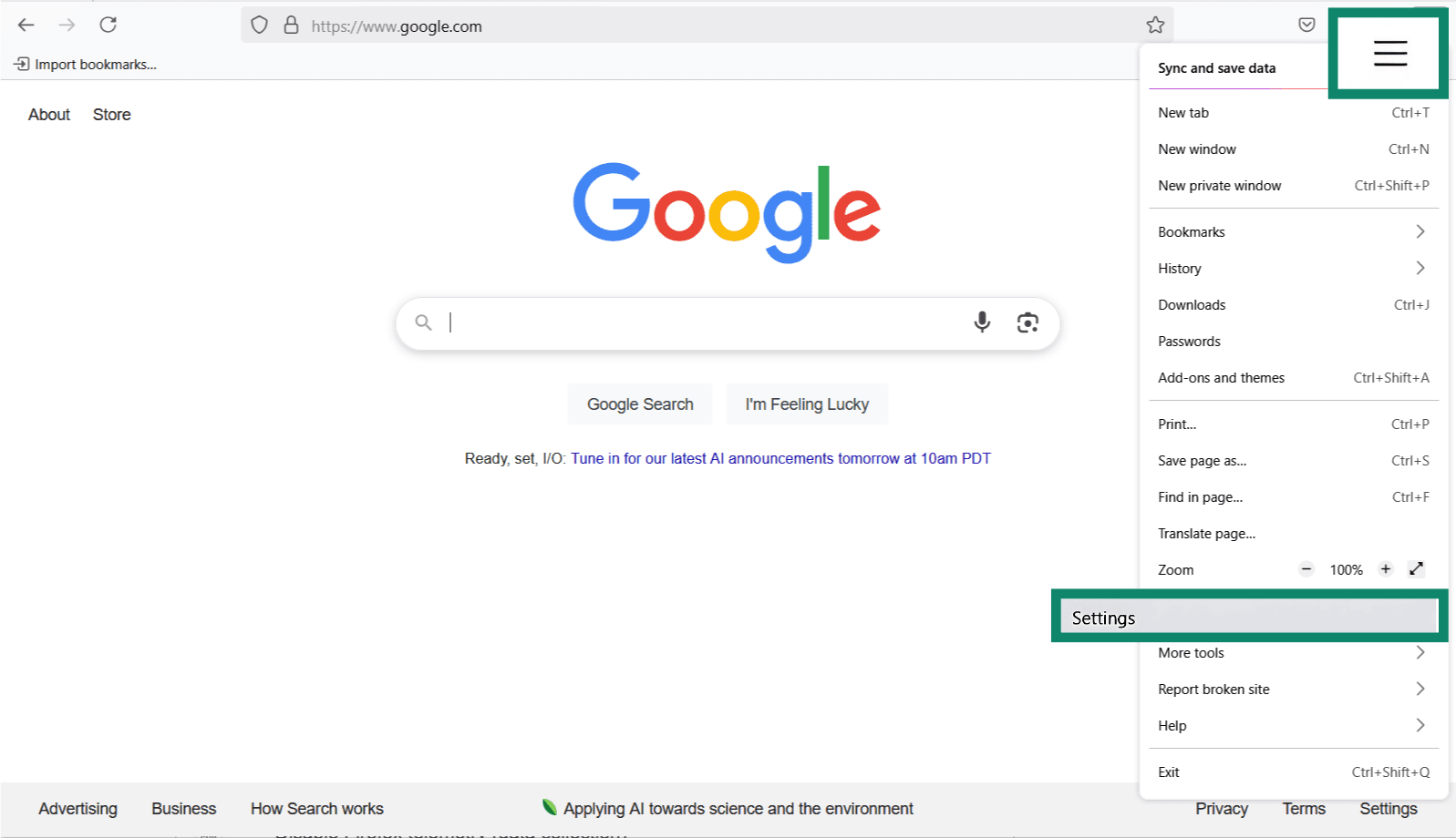 The Firefox menu bar, with the horizontal bars at the top and Settings highlighted.