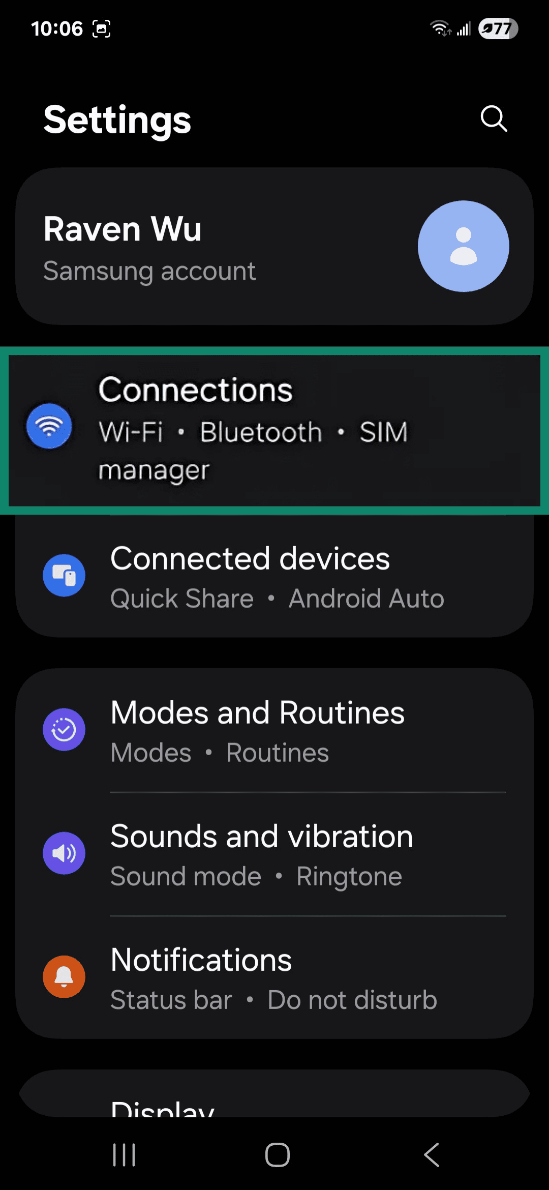 Android Settings menu highlighting Connections.