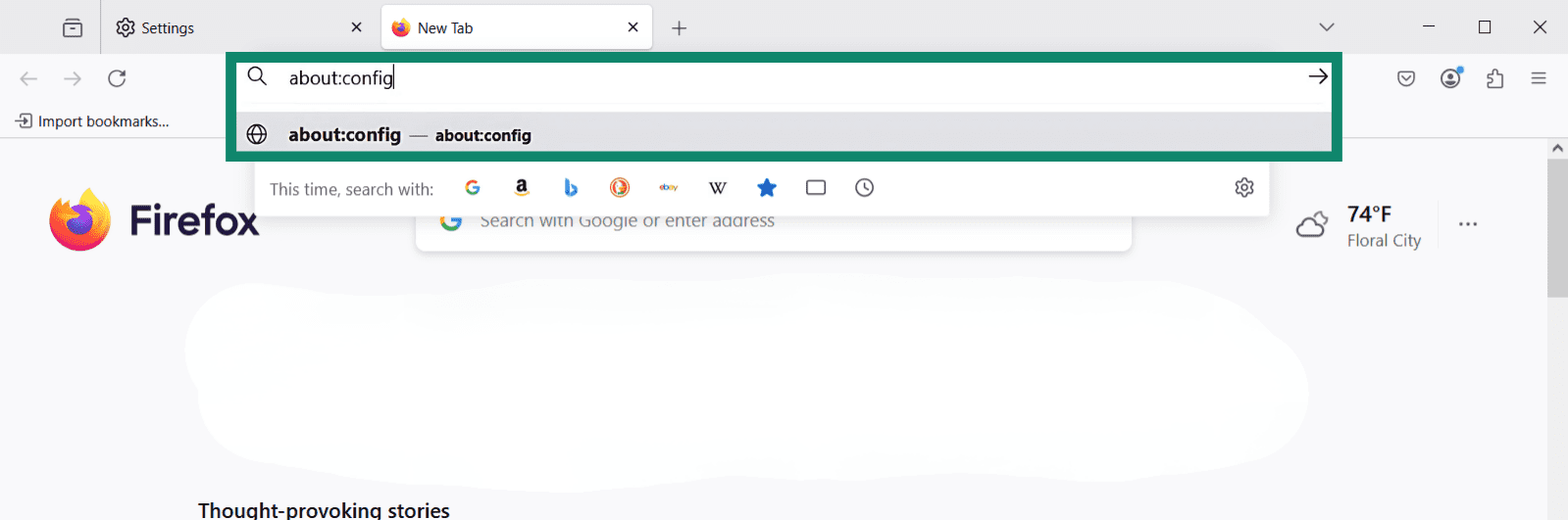 About:config typed into the Firefox URL bar.