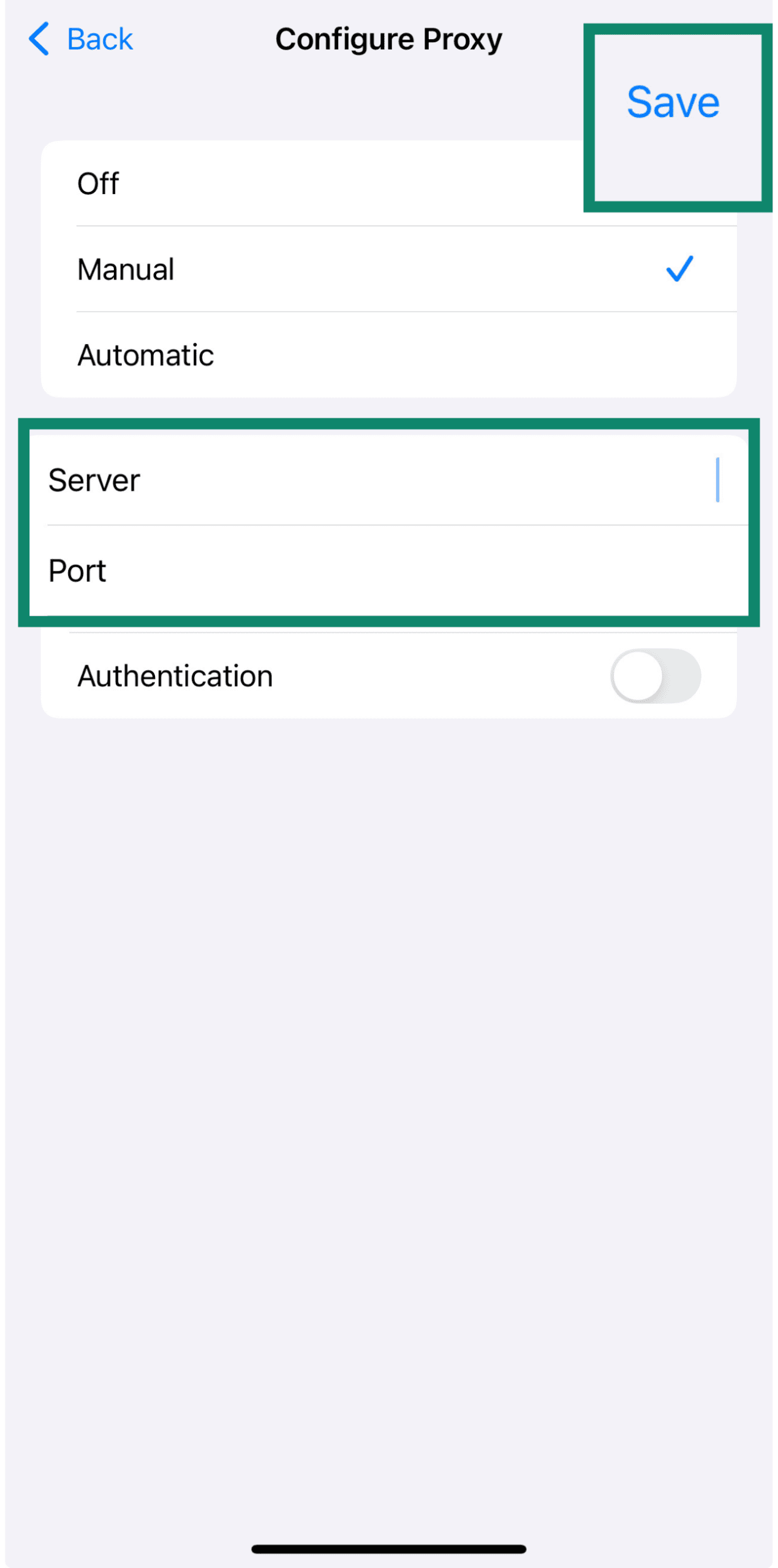 Save button on Configure Proxy iPhone settings screen