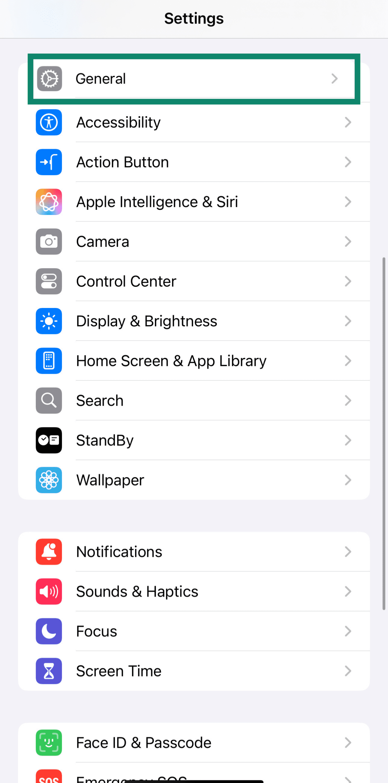 Settings app on iPhone showing the General menu option.