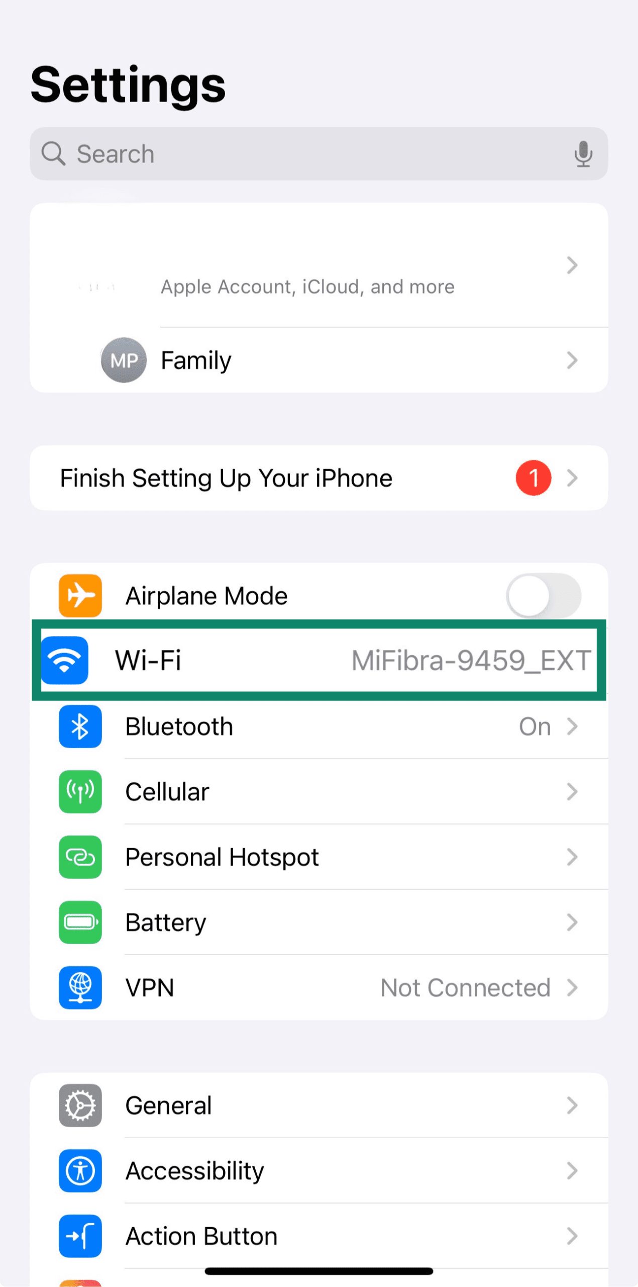 iPhone settings page with Wi-Fi section highlighted
