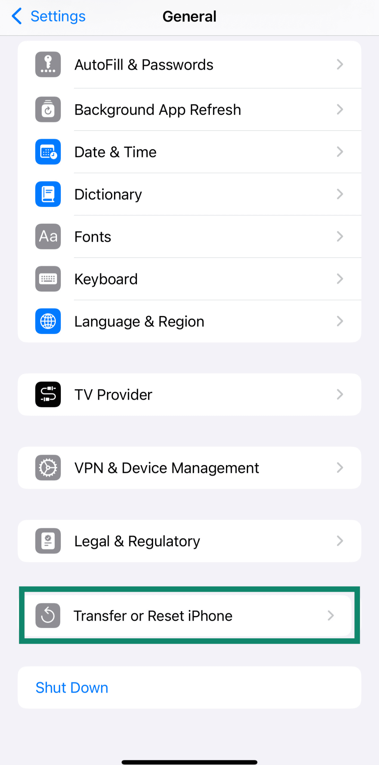 Settings app showing the Transfer or Reset iPhone option in the General menu.