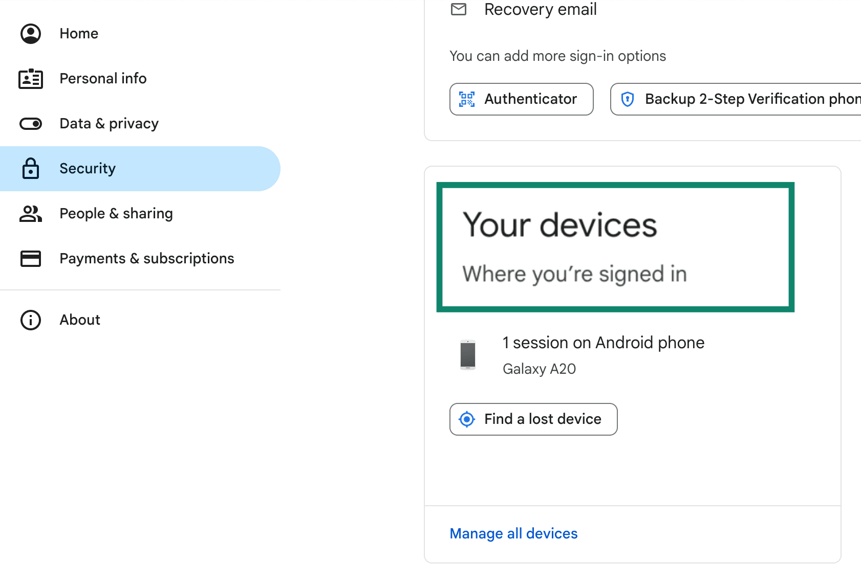 Your Devices option in Google account settings.