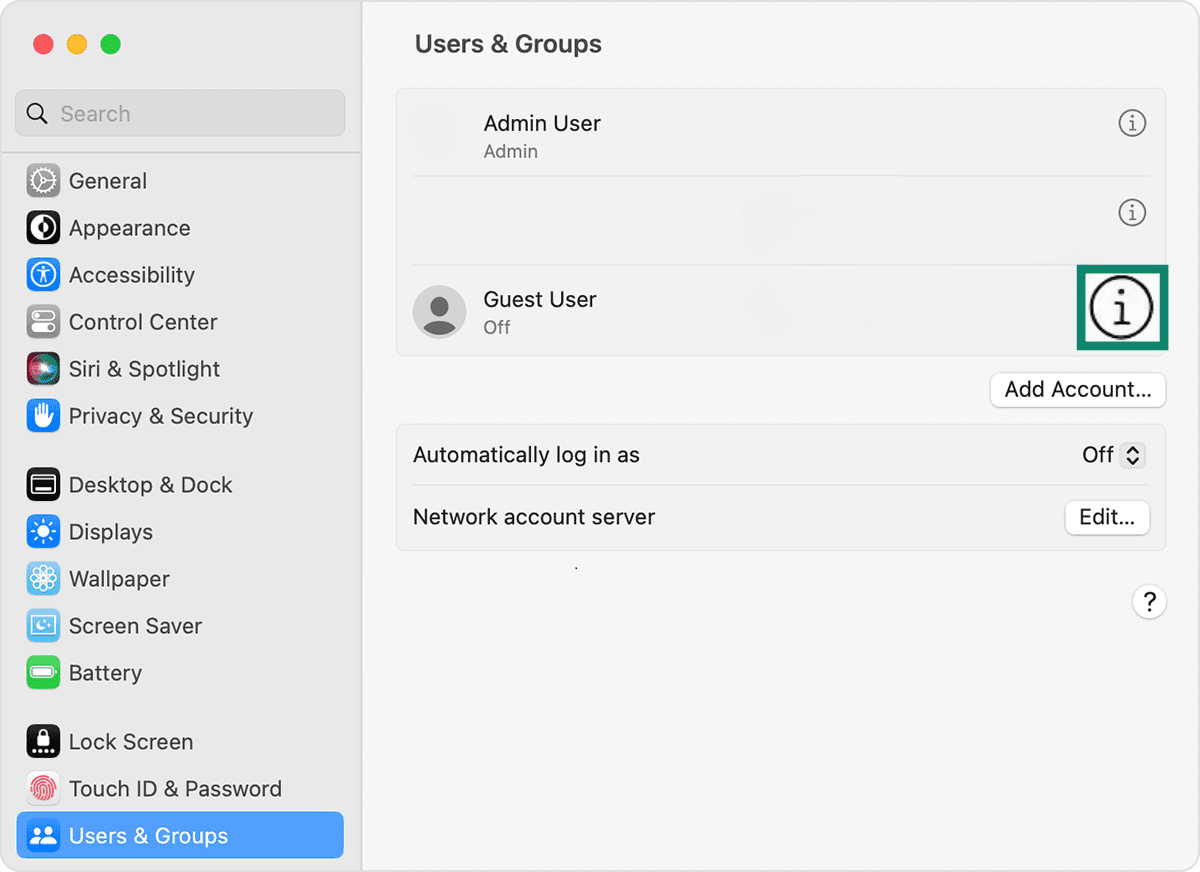 Mac System Settings/Preferences Users & Groups tab with the "i" button next to Guest User highlighted.