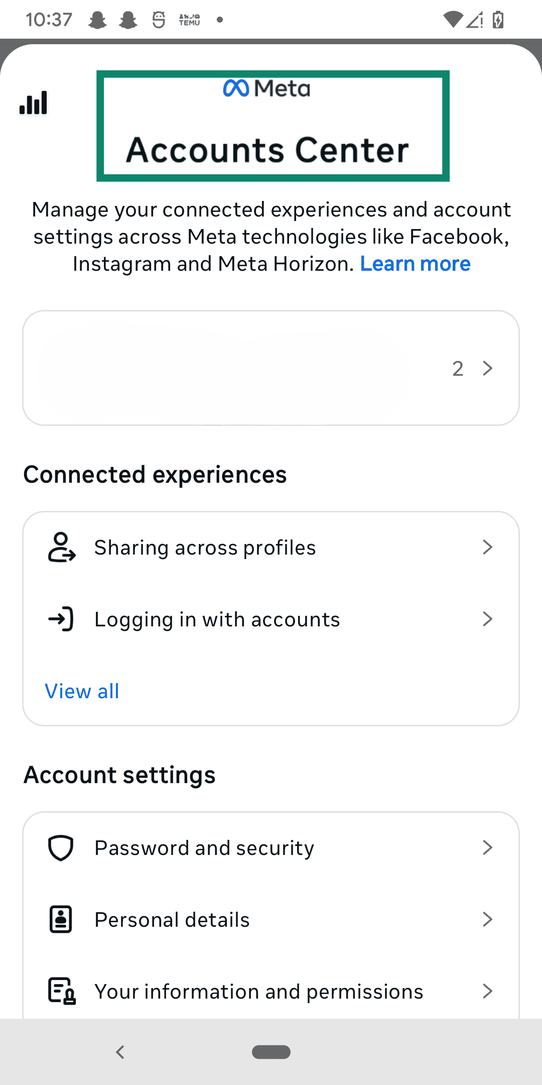 The Meta account center