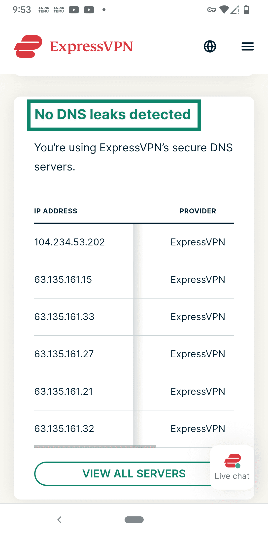 A passing ExpressVPN DNS leak test.