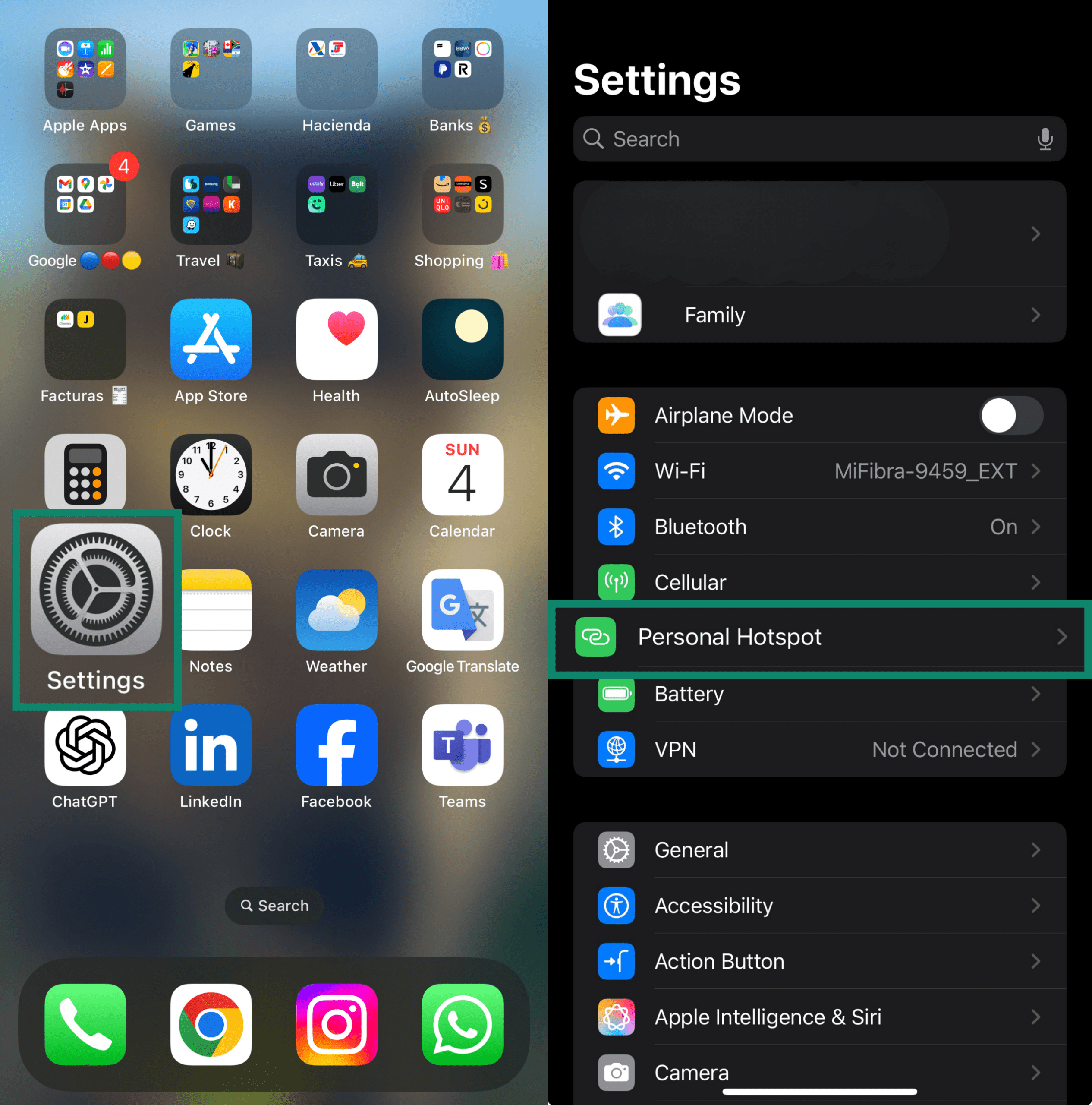 iPhone home screen showing Settings app and Personal Hotspot option in settings menu