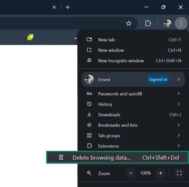 Screen showing option to delete browsing data.