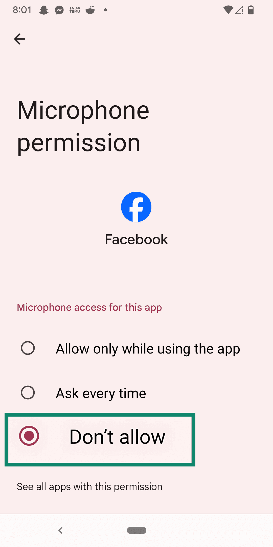 Choosing Don't allow in Facebook microphone permissions.