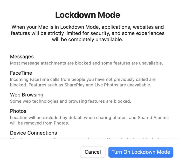 Lockdown Mode confirmation screen.