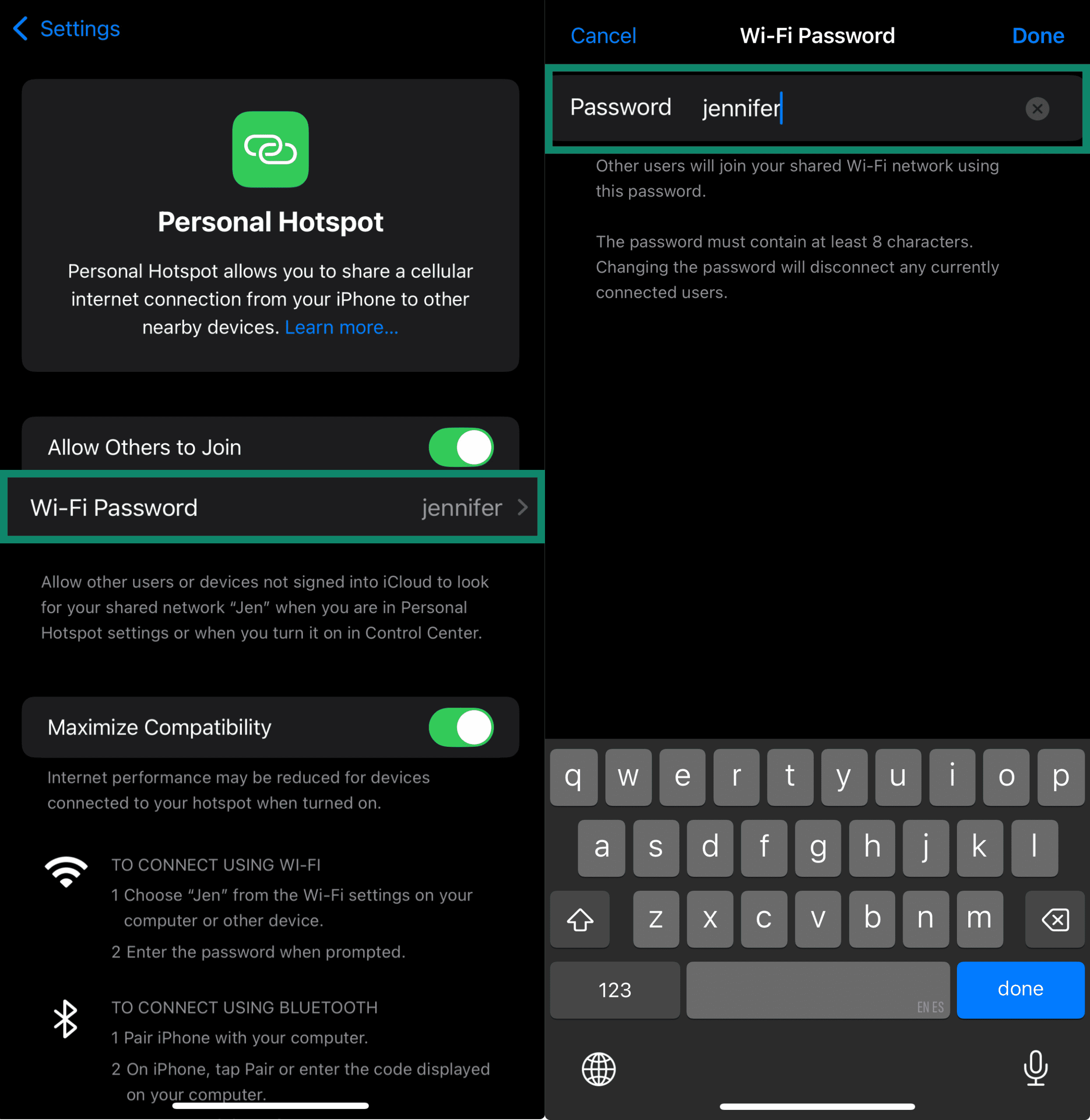 iPhone Personal Hotspot settings with Wi-Fi Password option highlighted and password input screen open