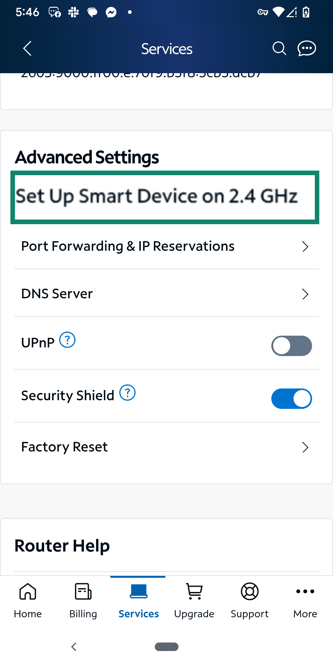 Spectrum app screen showing the "Set Up Smart Device on 2.4 GHz" option under Advanced Settings