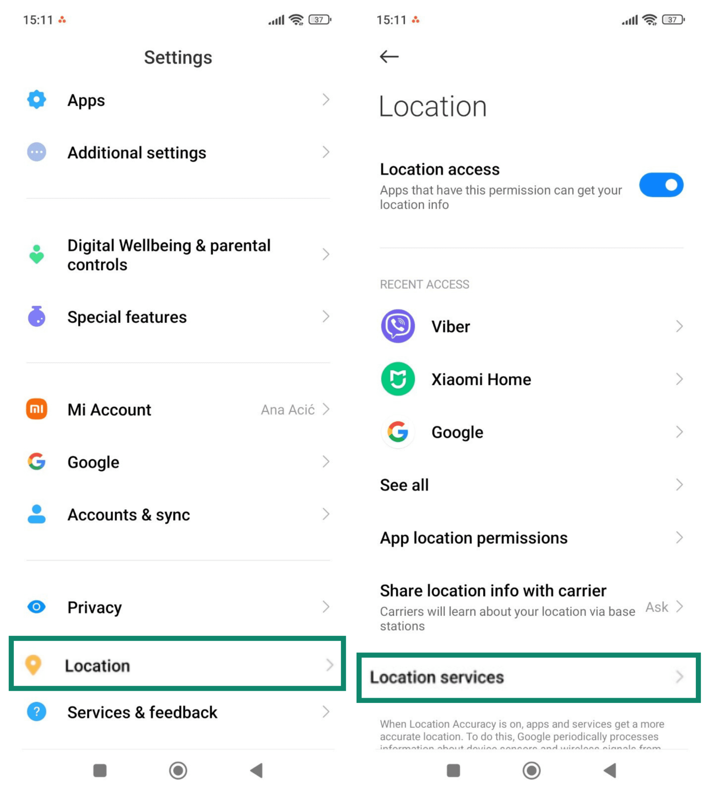 Android Settings menu with the Location option highlighted (left), and the Location menu with Location services highlighted (right)