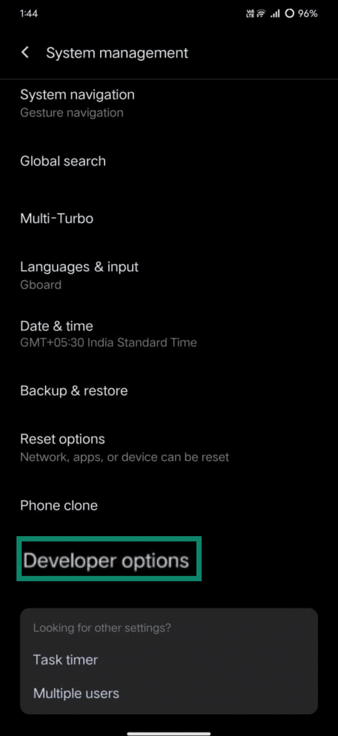 Android's System management settings opened with Developer options highlighted