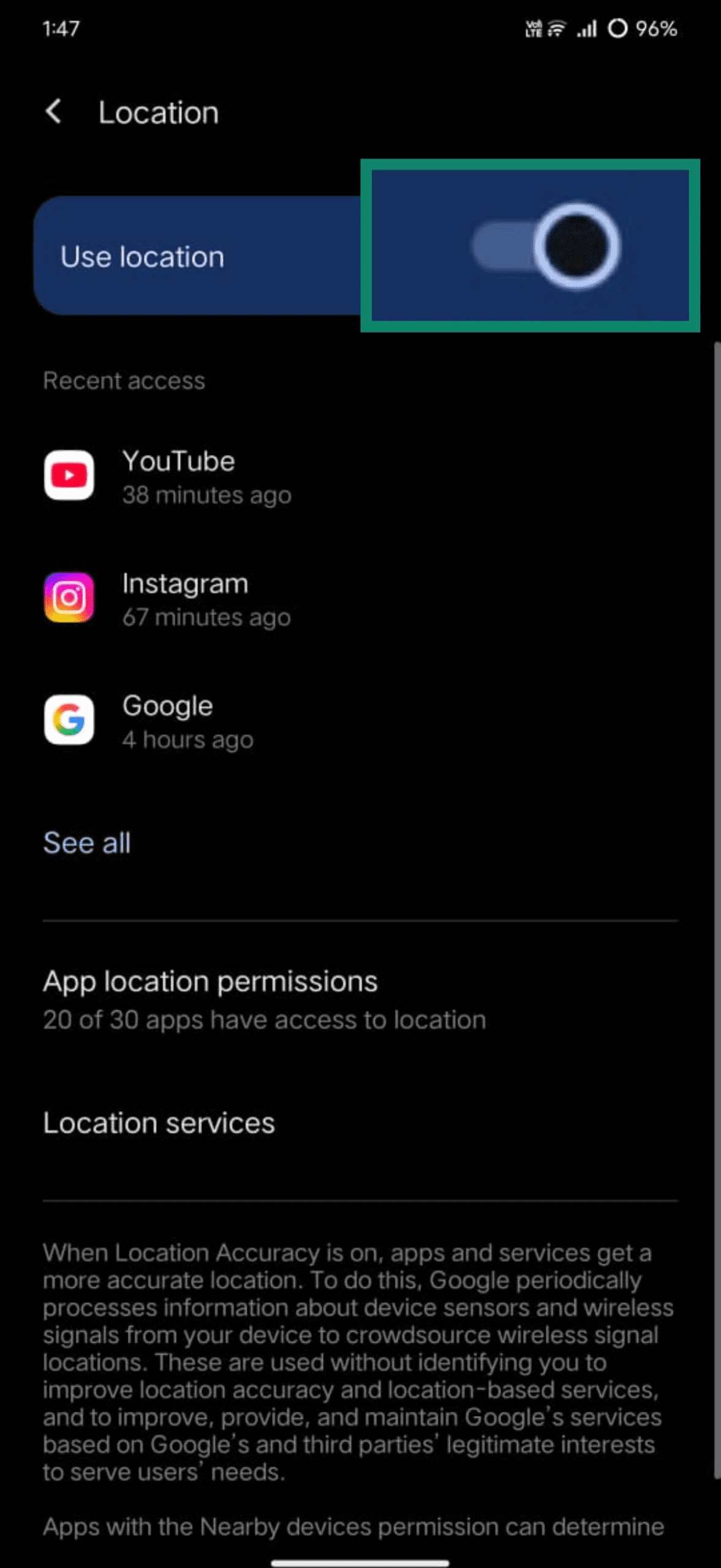 Android's Use location feature enabled