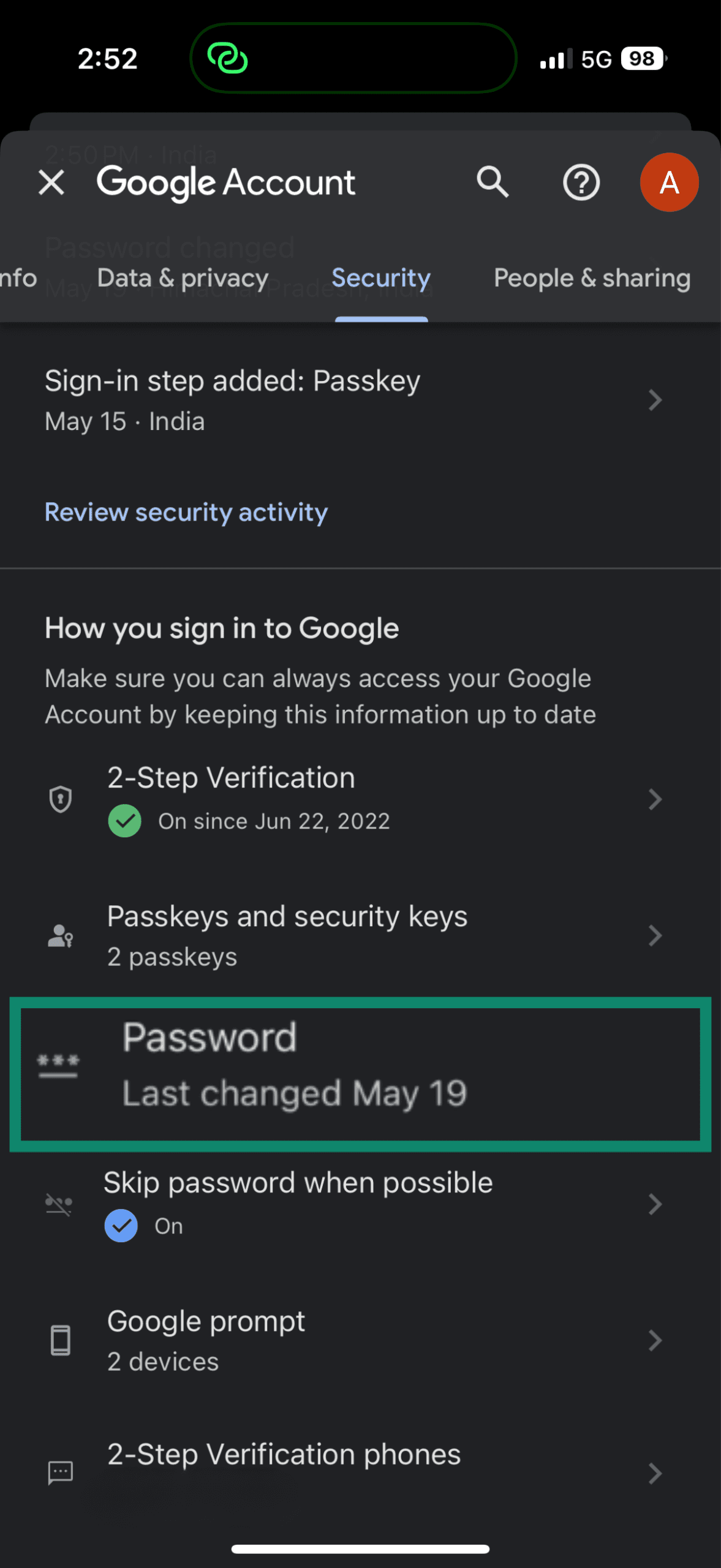 Google Account security settings on mobile showing password and two-step verification status.