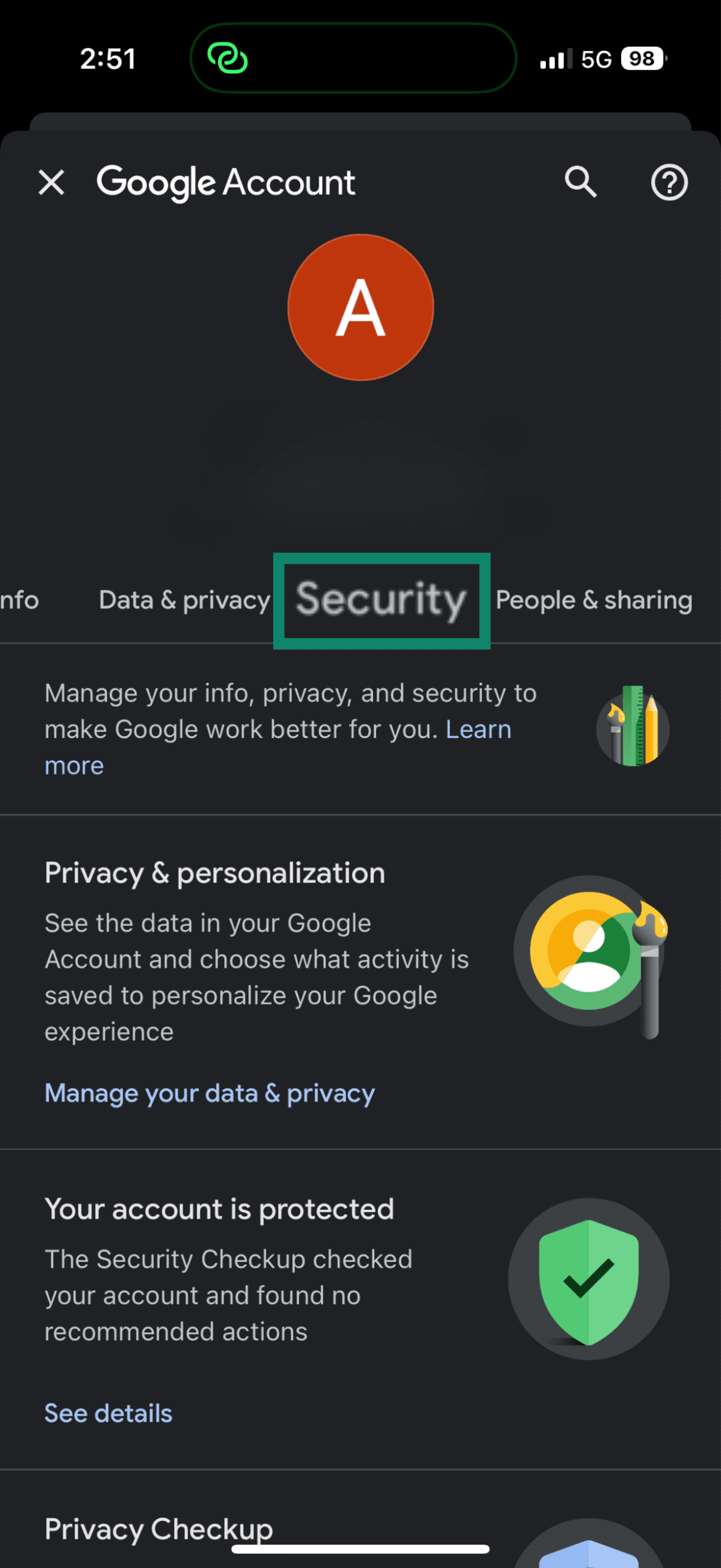 Google Account mobile interface showing user info and Security tab highlighted.