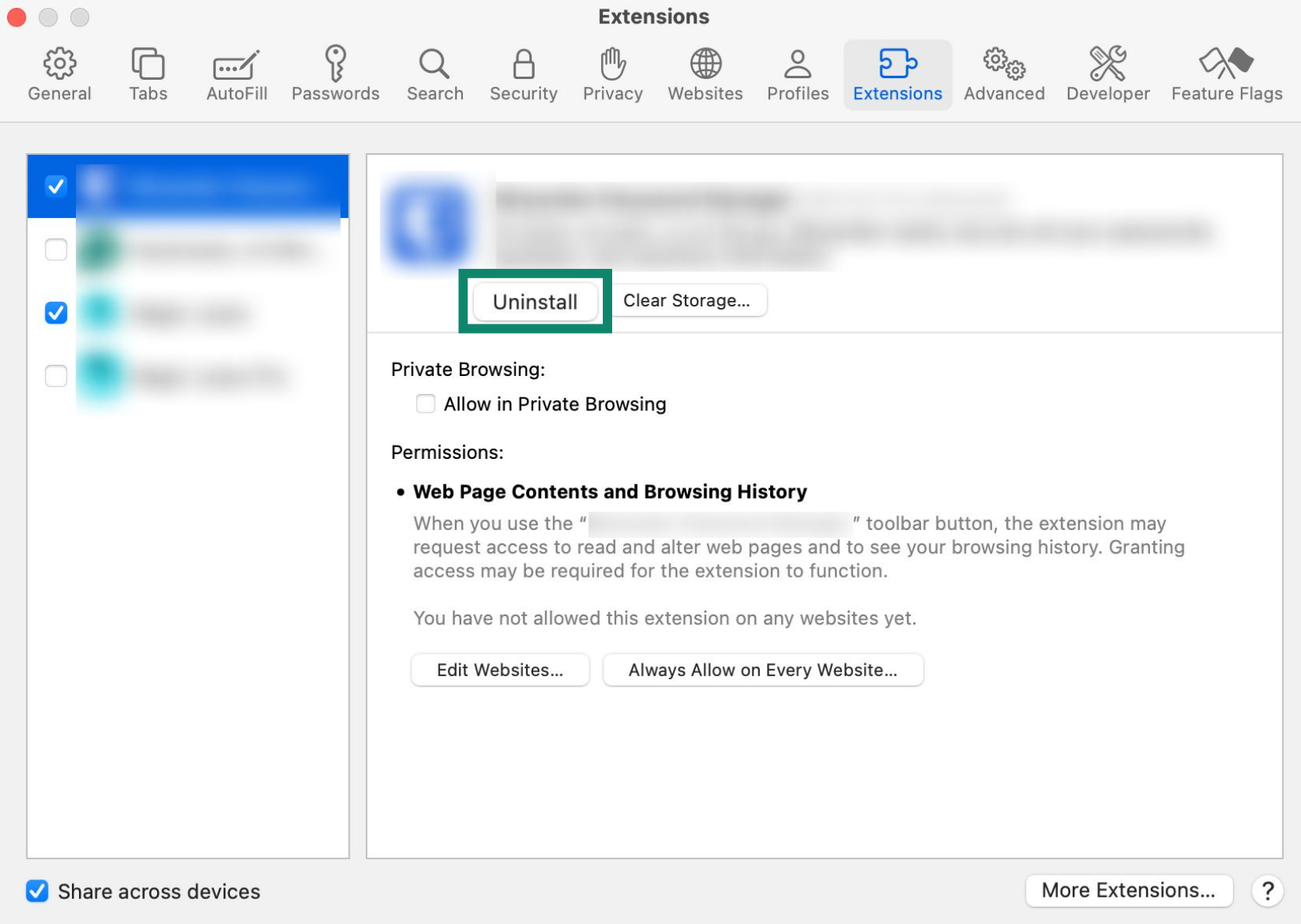 A screenshot of the Extensions tab in the Safari settings, showing the option to uninstall an extension.