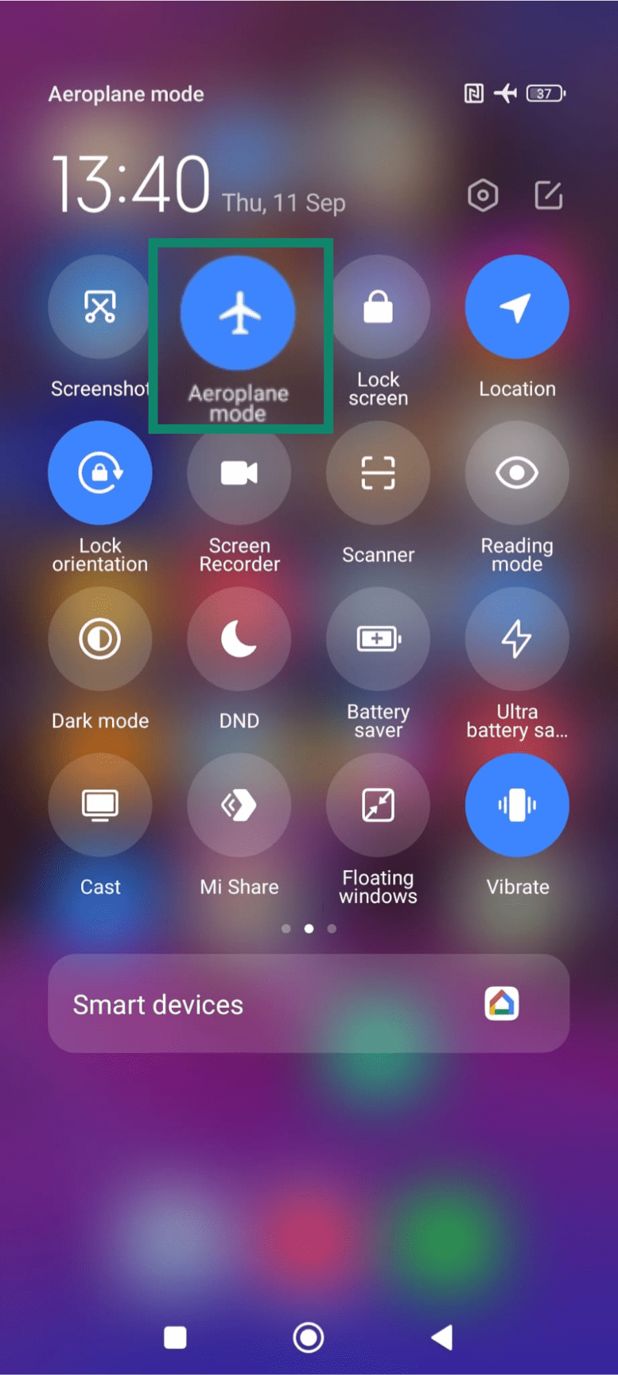 Android Quick Settings showing airplane mode turned on.