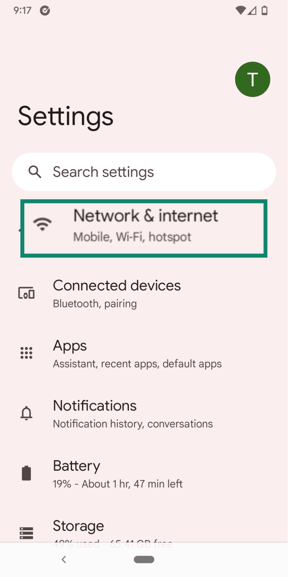Android Settings menu showing “Network & Internet” option.