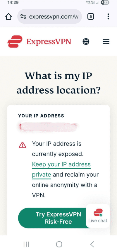 A screenshot of the ExpressVPN website's IP checking tool.