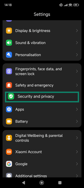 Android Settings menu with the Security and privacy option highlighted