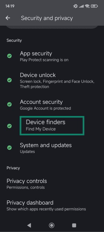 Android Security and privacy menu with the Find My Device option highlighted