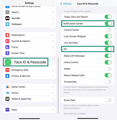 Side-by-side screenshots showing the iPhone’s passcode settings, showing how to disable lock screen access for ‘Notification Center’ and ‘Siri’ for improved privacy.