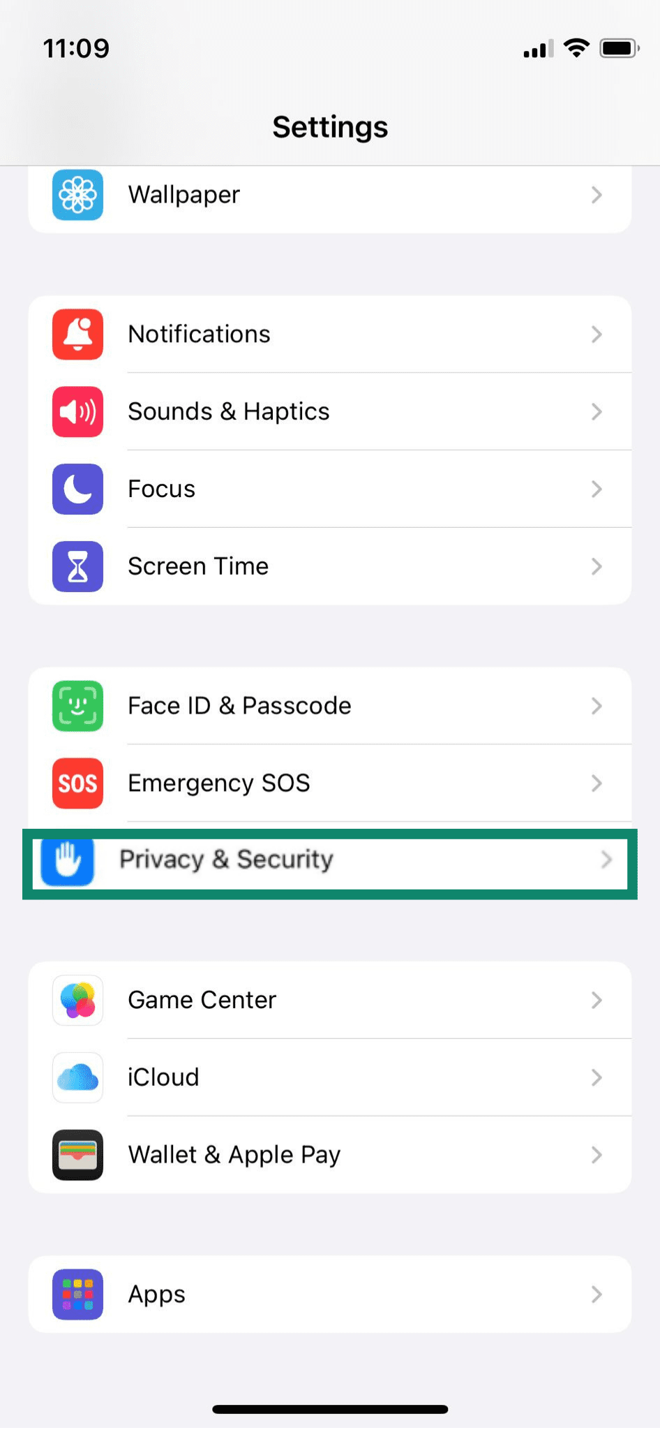 The Privacy & Security settings on an iPhone.