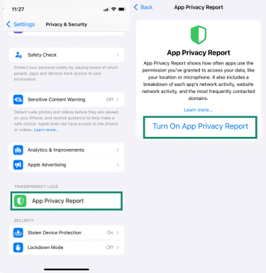 The App Privacy Report settings on an iPhone.