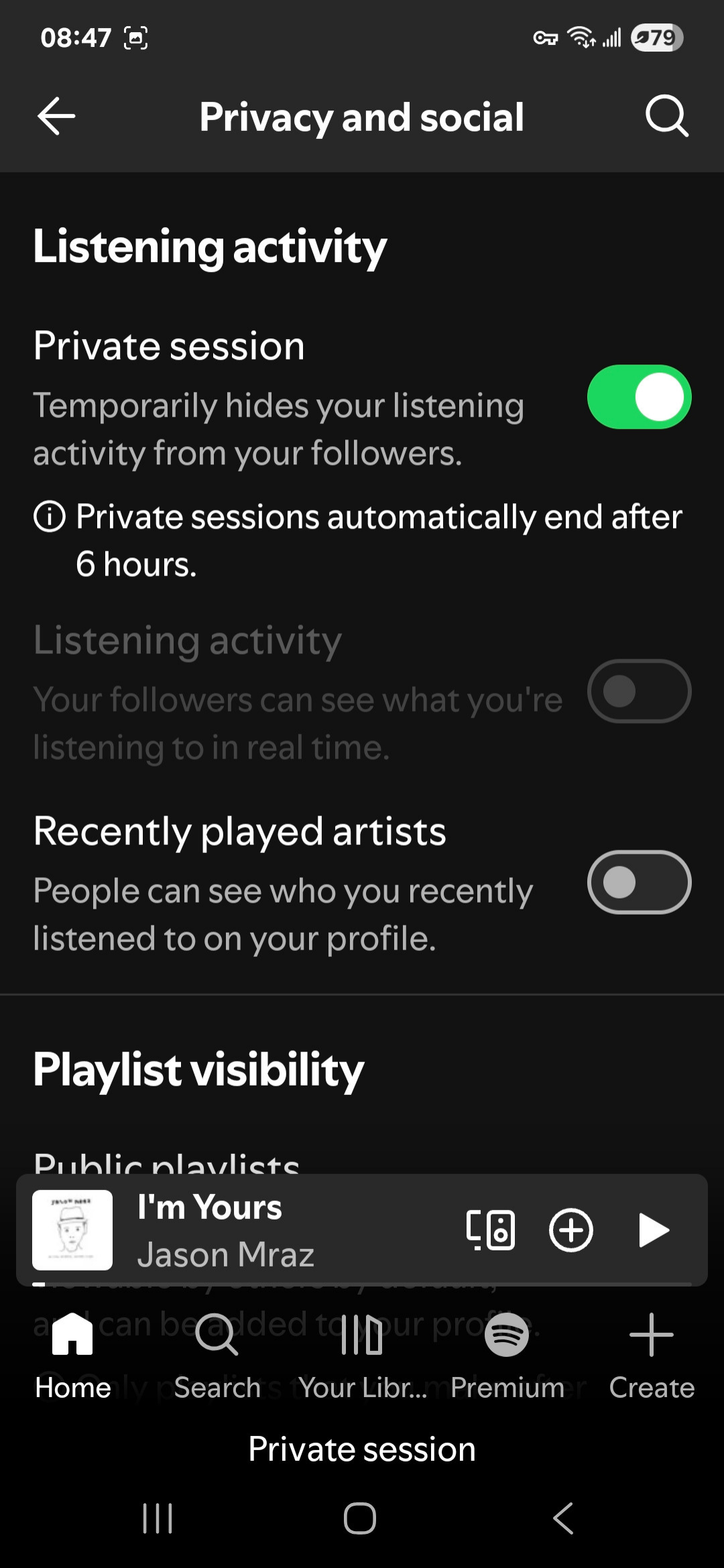 Spotify mobile app Privacy and social menu with Private session toggled on.