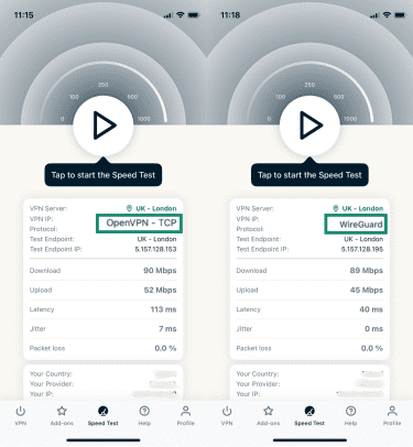 A speed test comparison between the OpenVPN (TCP) and WireGuard protocols using the ExpressVPN app.