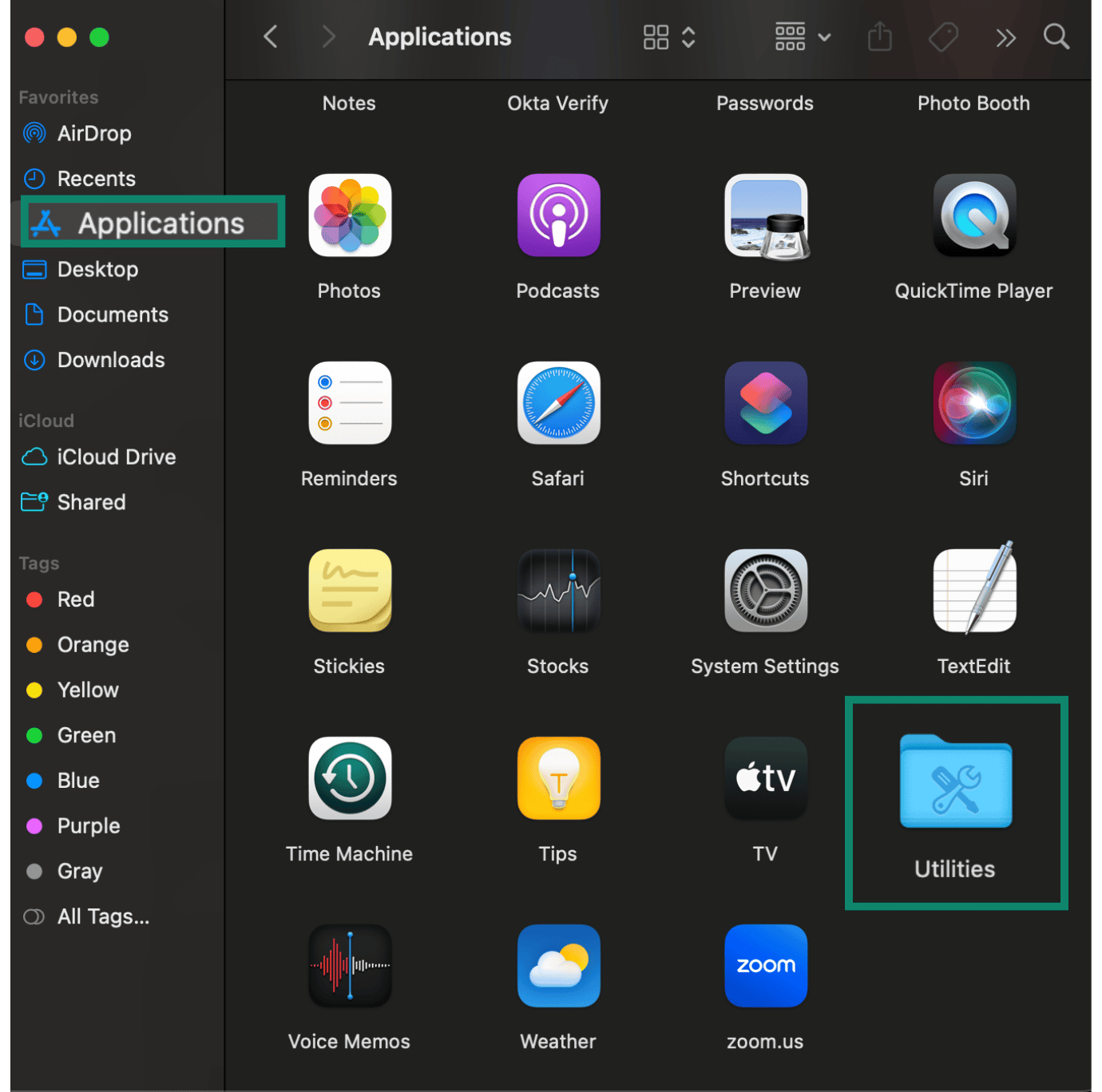 Mac Applications with Utilities highlighted.
