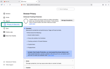 Firefox settings with Privacy & Security option highlighted