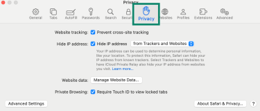 Apple Safari settings with Privacy option highlighted.