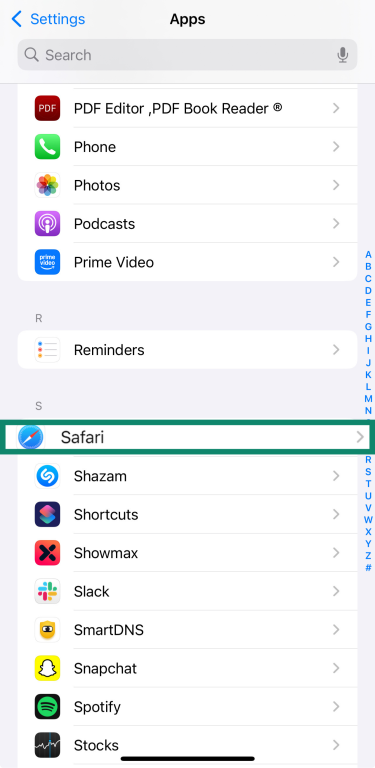 iPhone Apps with Safari highlighted.