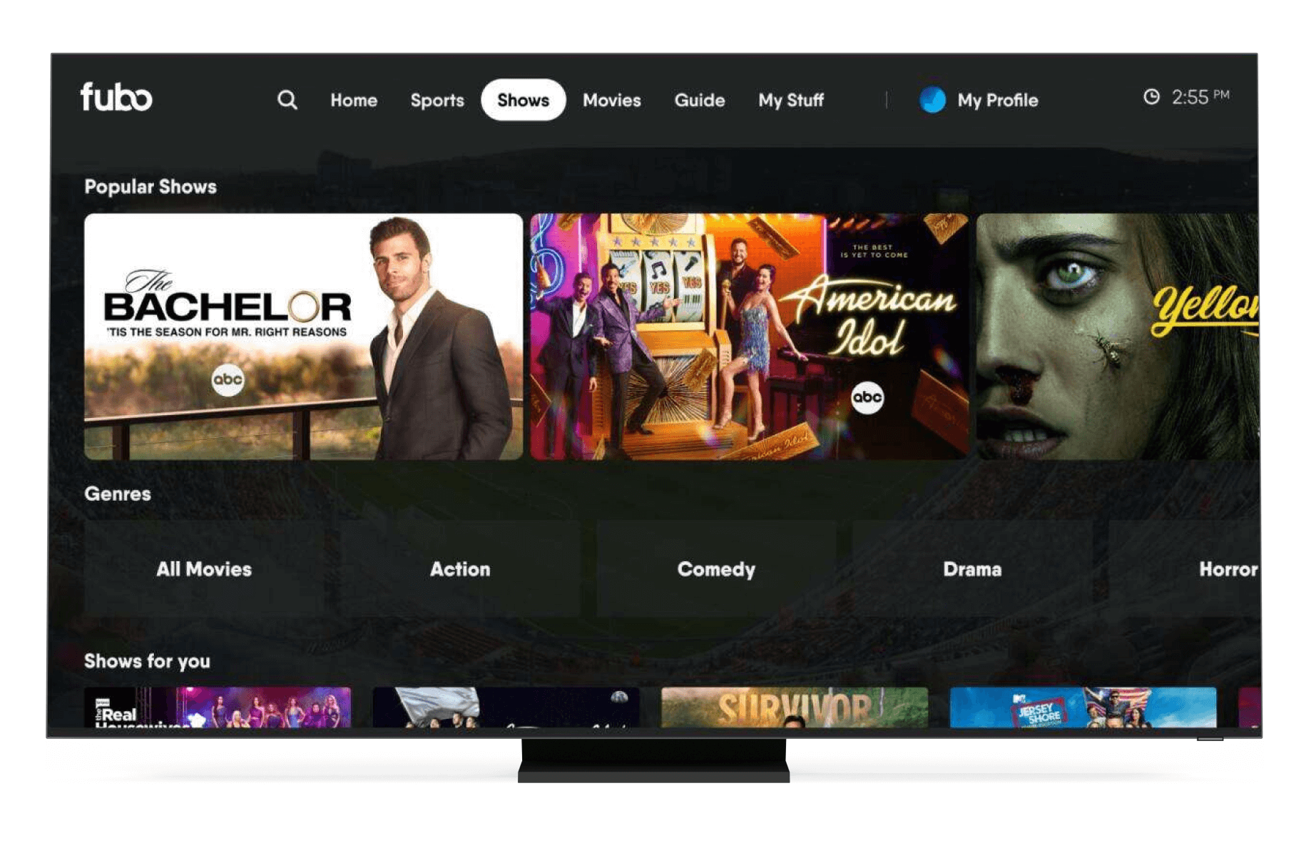 fubo TV home screen on a smart TV.