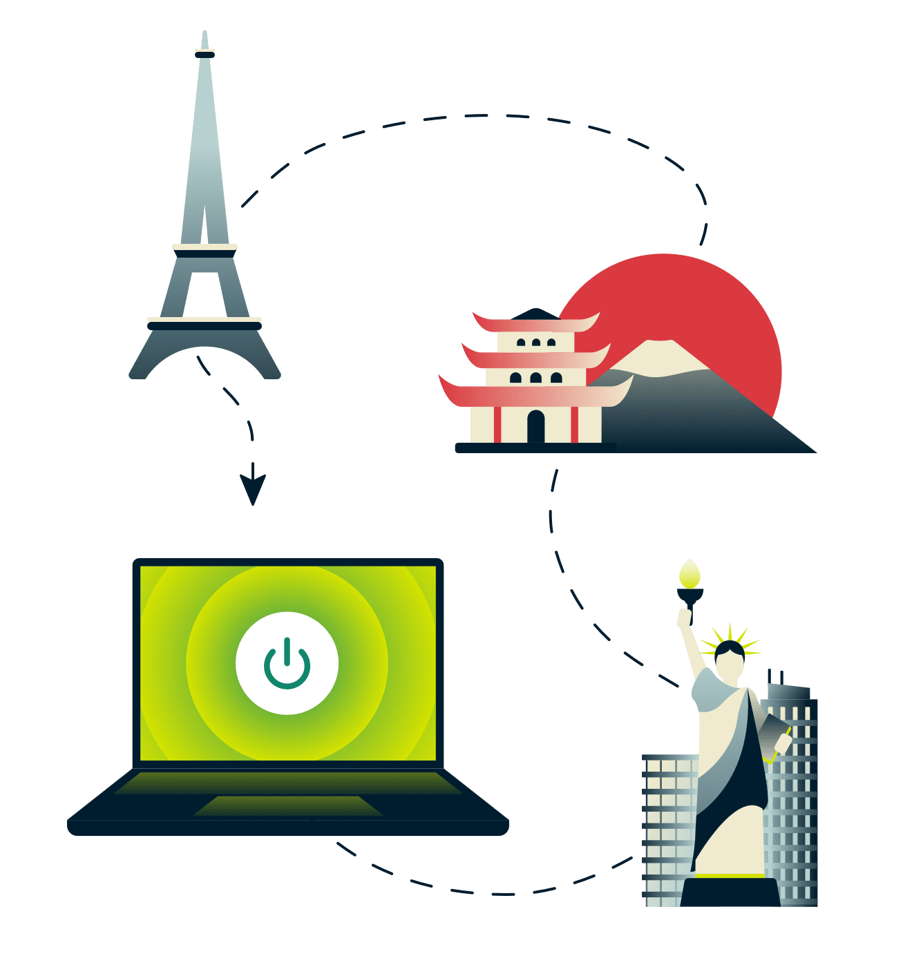 Eiffel-torni, Fuji-vuori, Vapaudenpatsas sek&auml; tietokone yhdistettyn&auml; VPN:&auml;&auml;n.