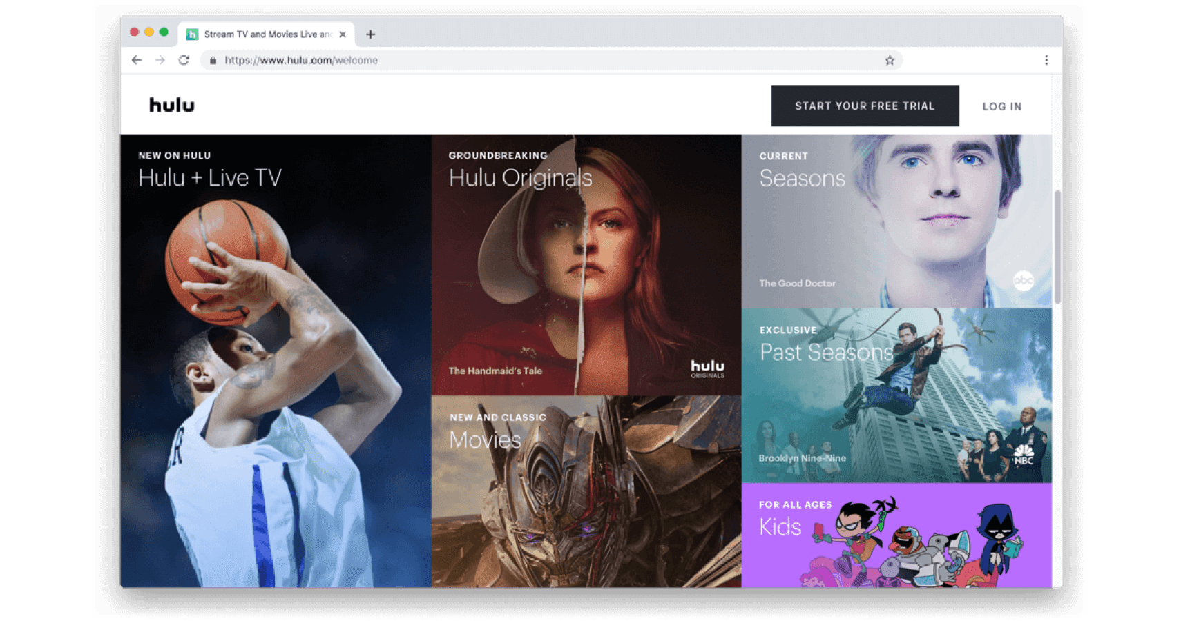 Page d'accueil du site web d'Hulu.