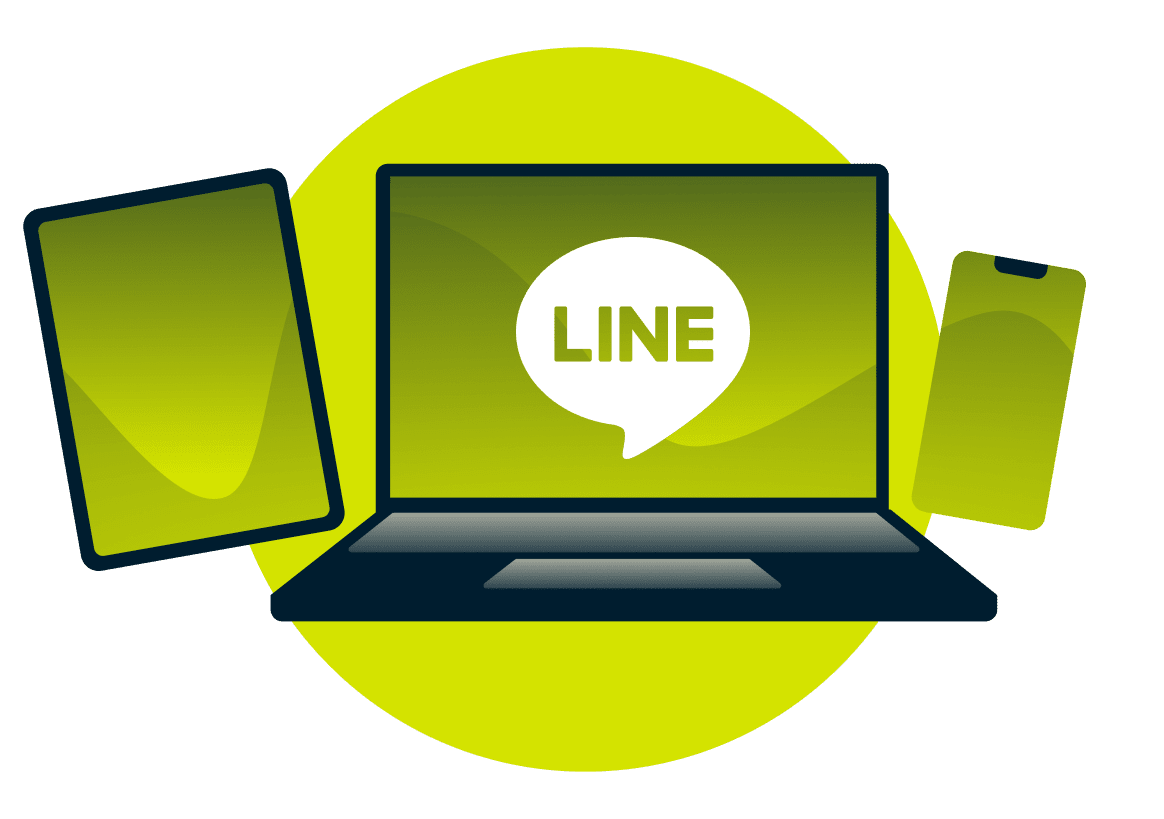 A laptop, tablet, and phone with the LINE logo.
