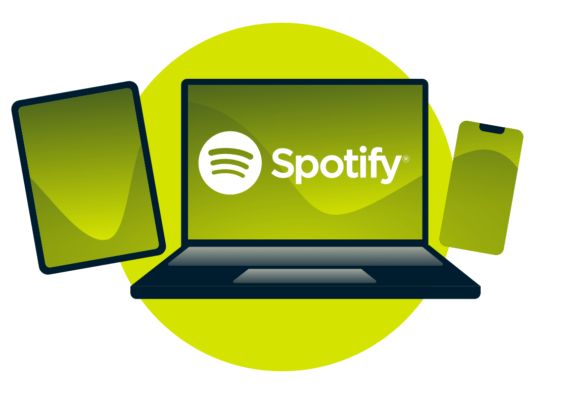 Spotifyのロゴが入ったラップトップ、タブレット、携帯電話。